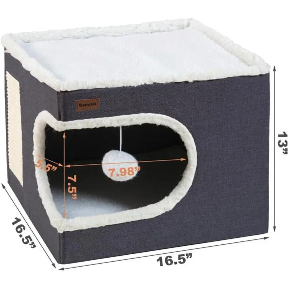 Cat bed cube house covered cat cave condo with scratch pad hideaway dark grey